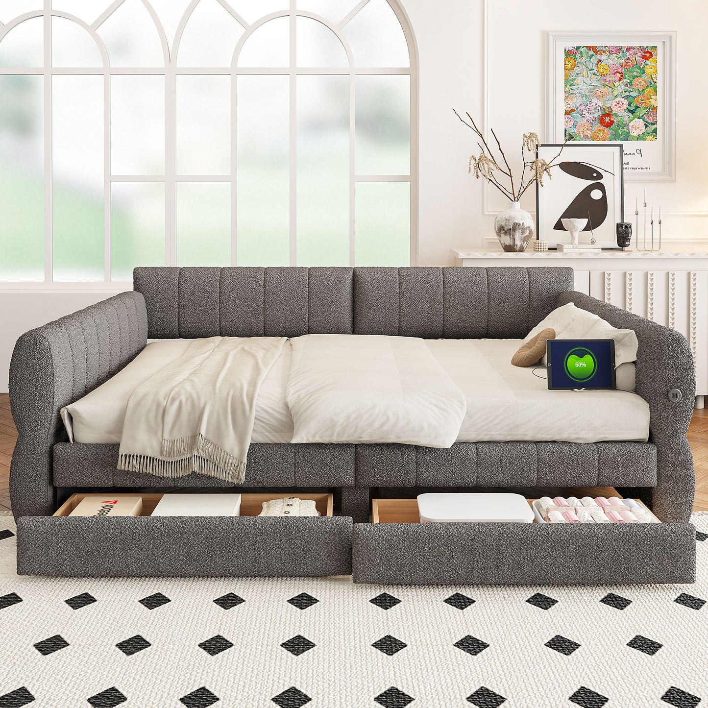 Queen Size Upholstered Platform Bed With USB And 2 Drawers, Lambswool Material - Gray
