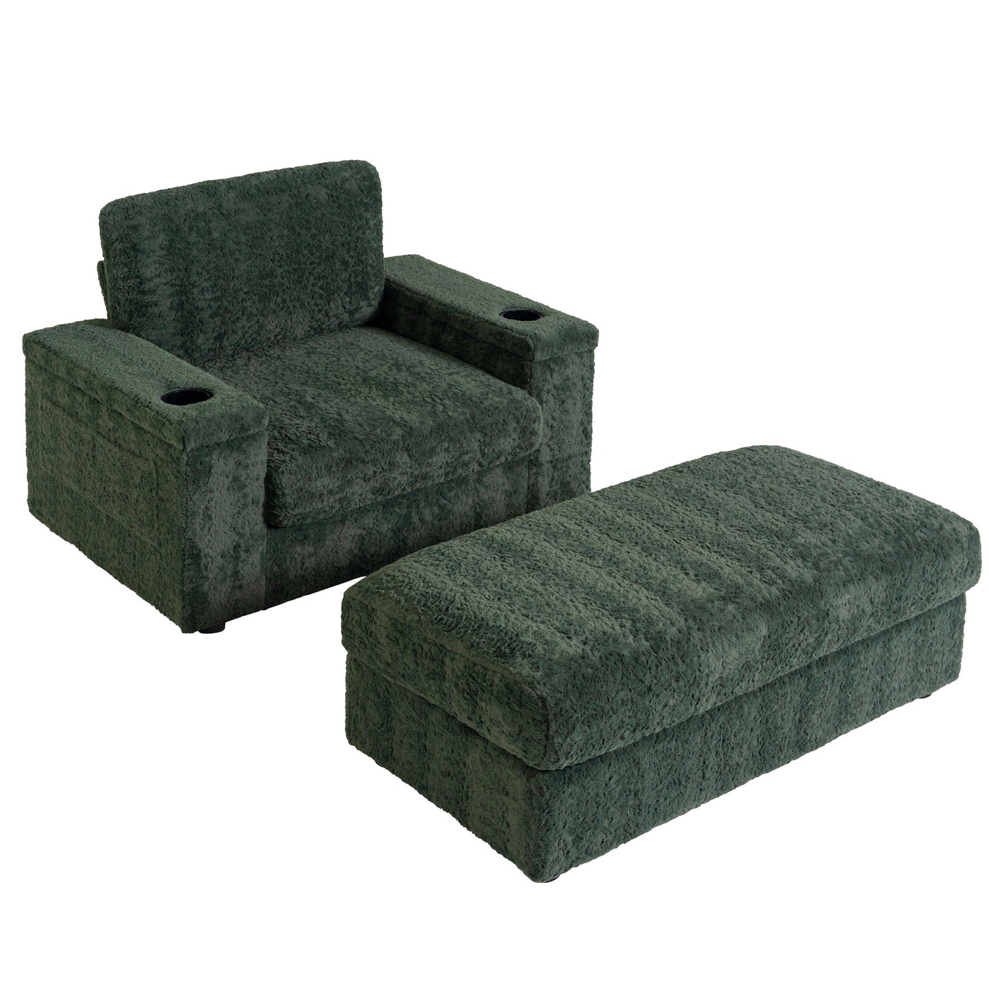 Oversized Chaise Lounge Indoor Rabbit Fur Sofa Bed With Storage Ottoman And Armrests Cup Holders With Deep Seat - Green