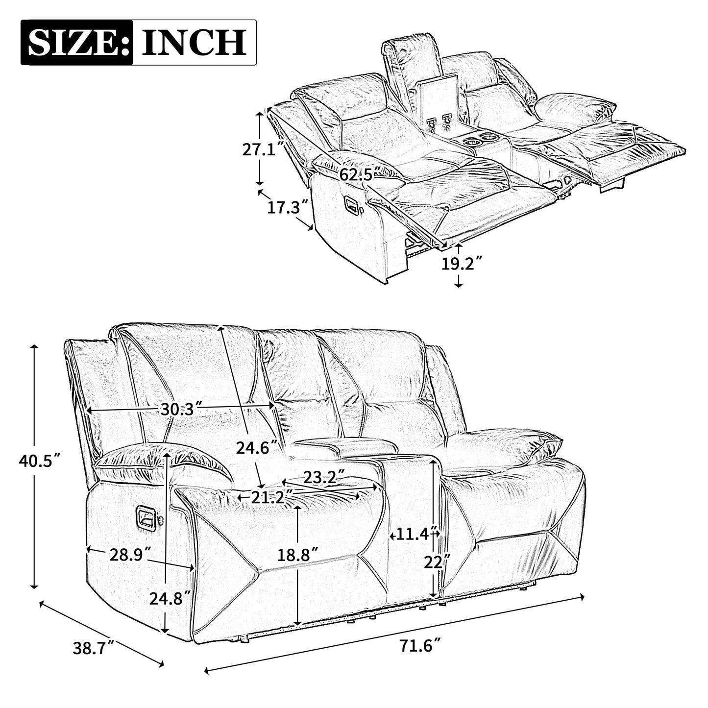 2 Seater Home Theater Recliner Manual Recliner Chair With A LED Light Strip Two Cup Holders And A Storage Box For Living Room