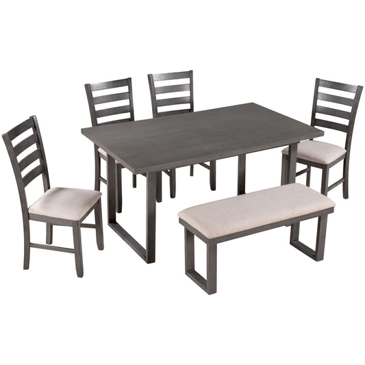 6 Pieces Family Furniture, Solid Wood Dining Room Set With Rectangular Table & 4 Chairs With Bench - Gray