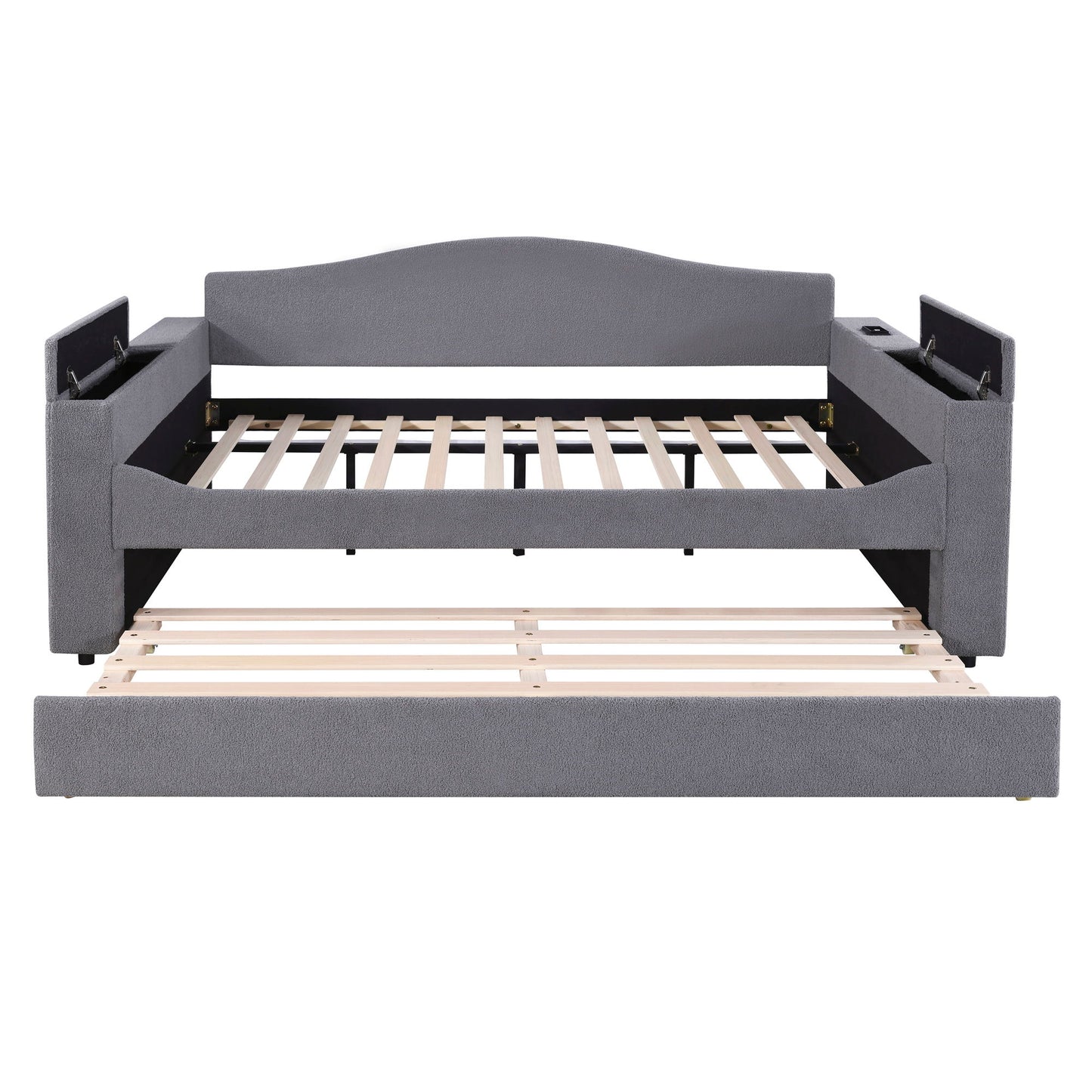 Full Size Upholstered Daybed With Storage Armrests, Trundle And Latest Integrated Bluetooth Audio System, Teddy Fleece - Gray