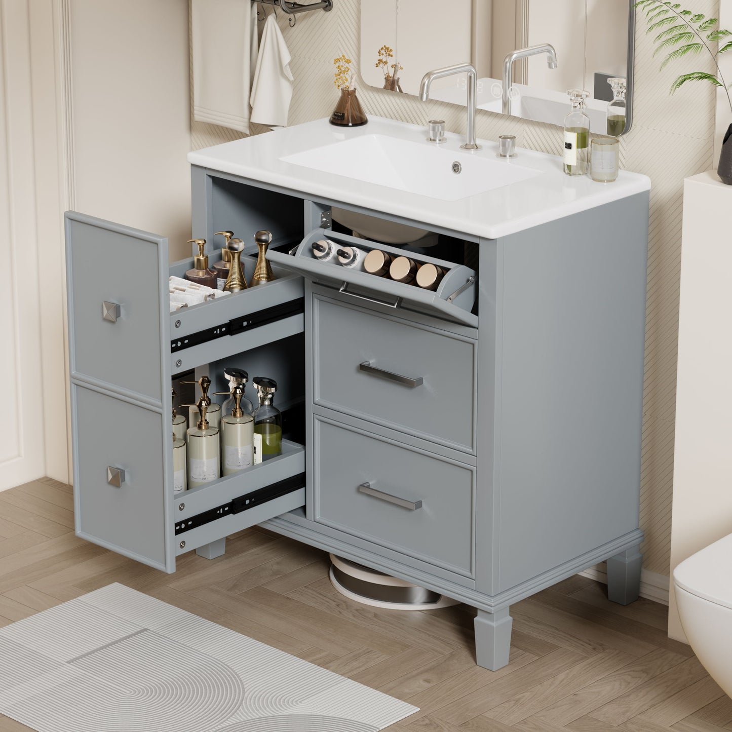 Bathroom Vanity With Ceramic Sink, Flip Out Drawer Design For Plumbing, Soft Close Drawers