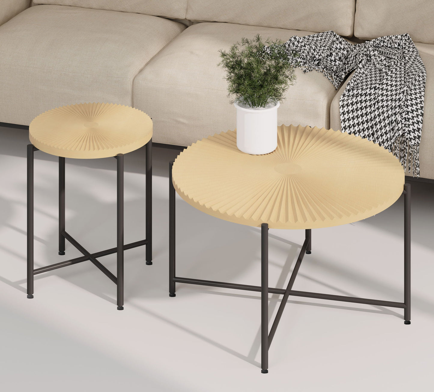 Radial - Pattern Coffee And End Table Set Waterproof Cover, Distressed Cylindrical Design, Legs Classic Rustic Charm (Set of 2) - Oak Natural Wood / Antique White