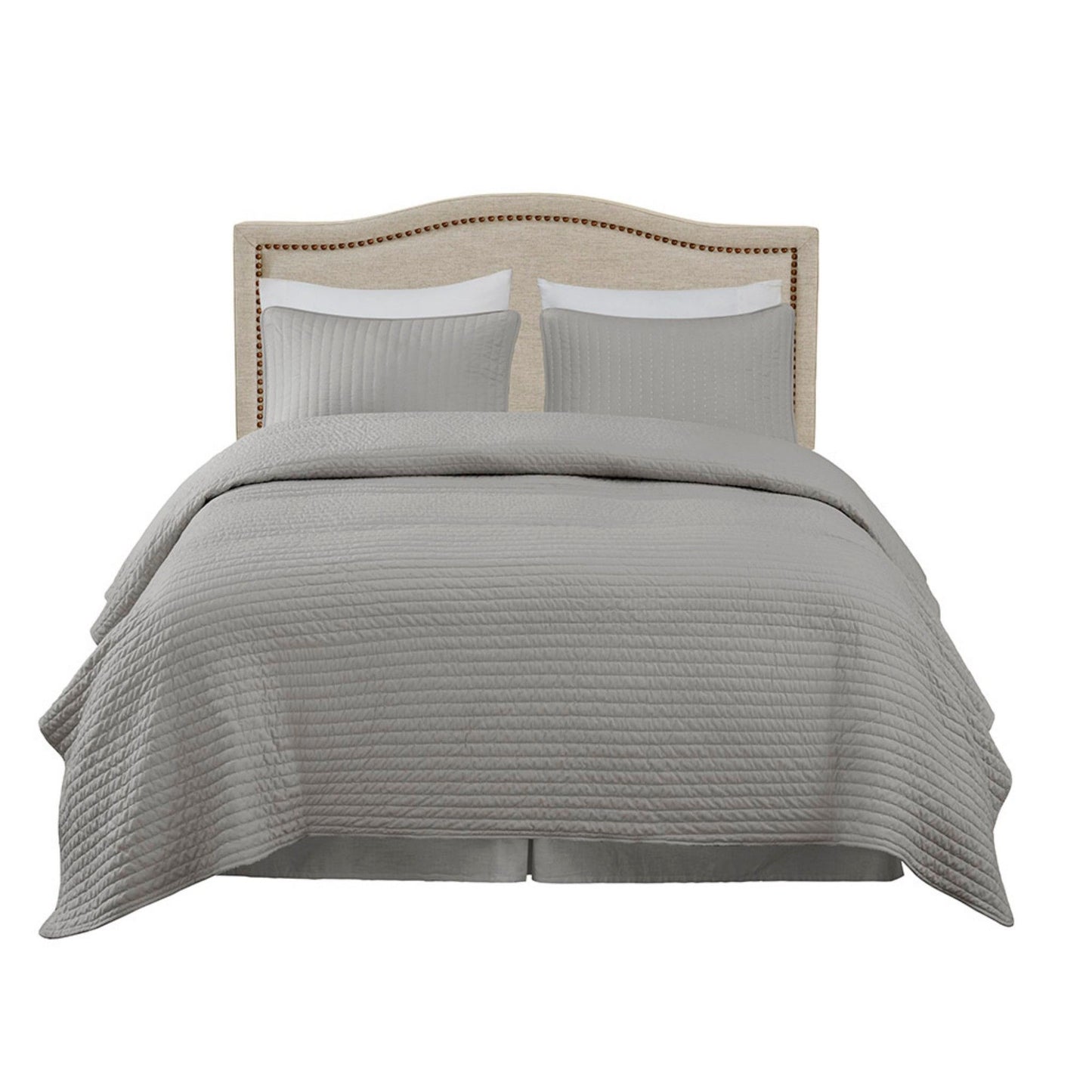 Upholstered Panel Headboard With Copper Nail Heads, Adjustable Height - Natural