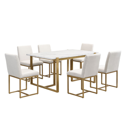 Modern Dining Table Set For 6 Faux Marble Kitchen Table Set With 6 Upholstered Dining Chairs, 7 Piece - White / Golden