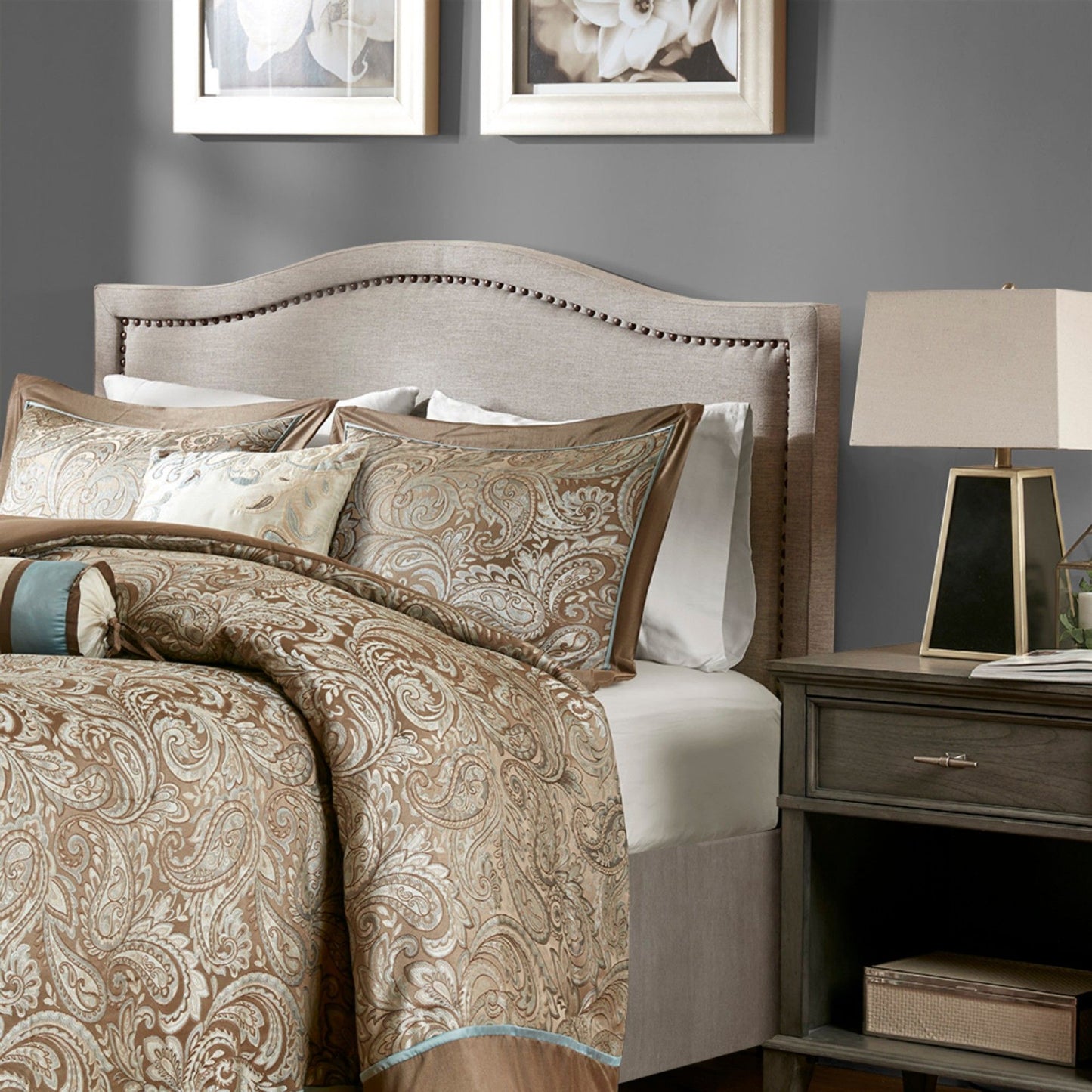 Upholstered Panel Headboard With Copper Nail Heads, Adjustable Height - Natural
