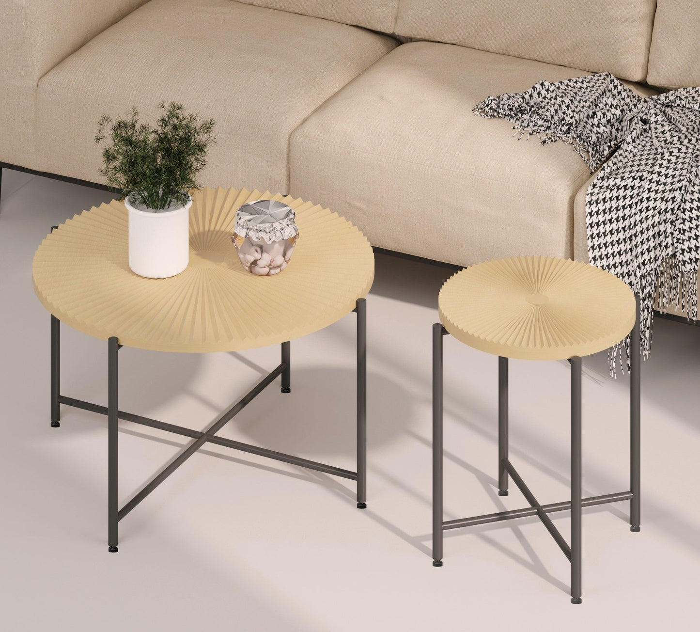 Radial - Pattern Coffee And End Table Set Waterproof Cover, Distressed Cylindrical Design, Legs Classic Rustic Charm (Set of 2) - Oak Natural Wood / Antique White