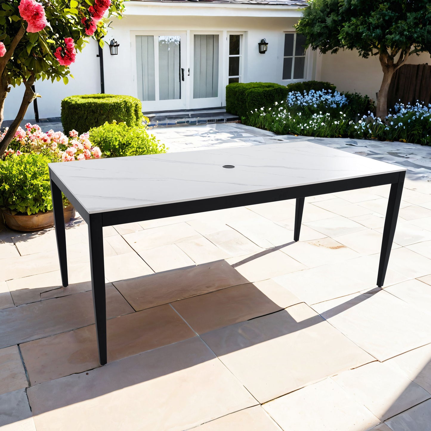 Outdoor Modern Patio Dining Table, Post Tapered Legs Seats 6, Weatherproof & Rust Free - Ember Black / White
