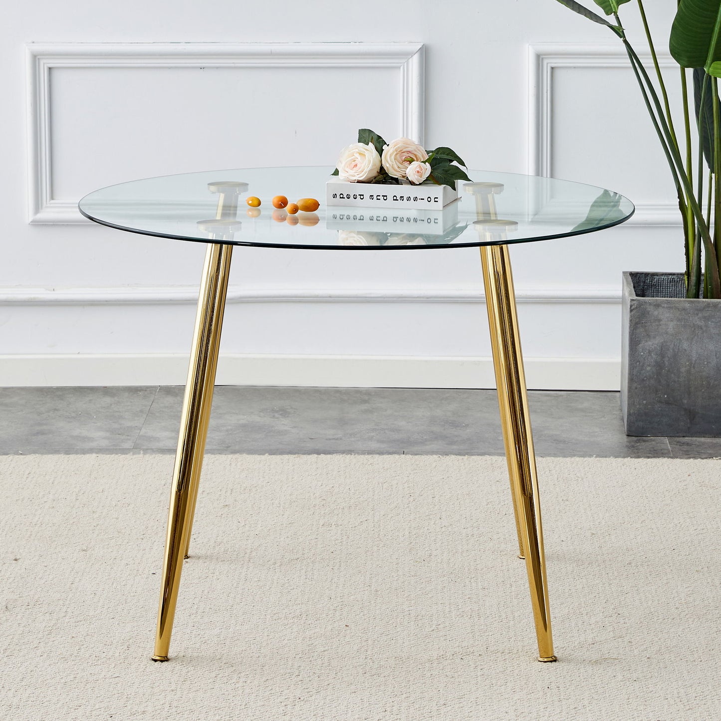 Modern Minimalist Circular Dining Table With Clear Glass Top And Electroplated Metal Legs - Gold / Transparent