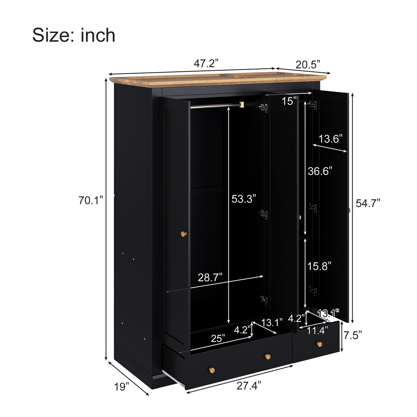 Modern 3 Doors Armoire Wardrobe Closet With 2 Drawers, Tall Wardrobe Cabinet With Hanging Rail And Shelve For Bedroom - Natural / Black