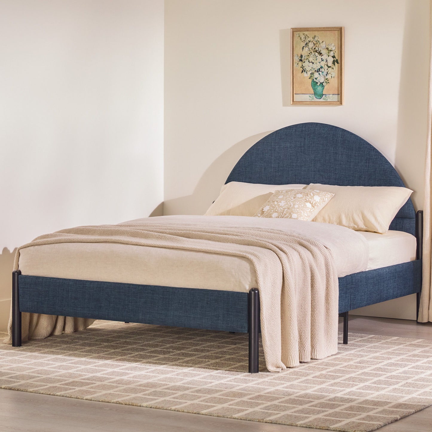 Amity - Queen Bed Frame Modern Upholstered Curved Headboard - Blue