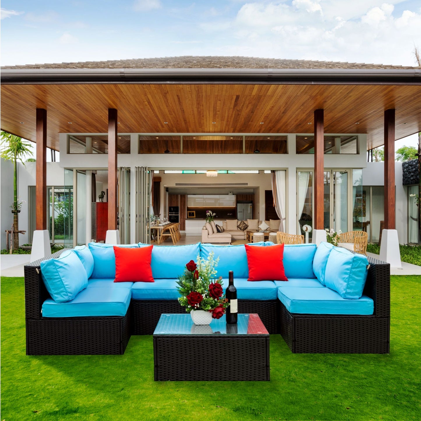 5 Pieces Rattan Sectional Outdoor Furniture Cushioned U Sof Set With 2 Pillow - Black / Blue