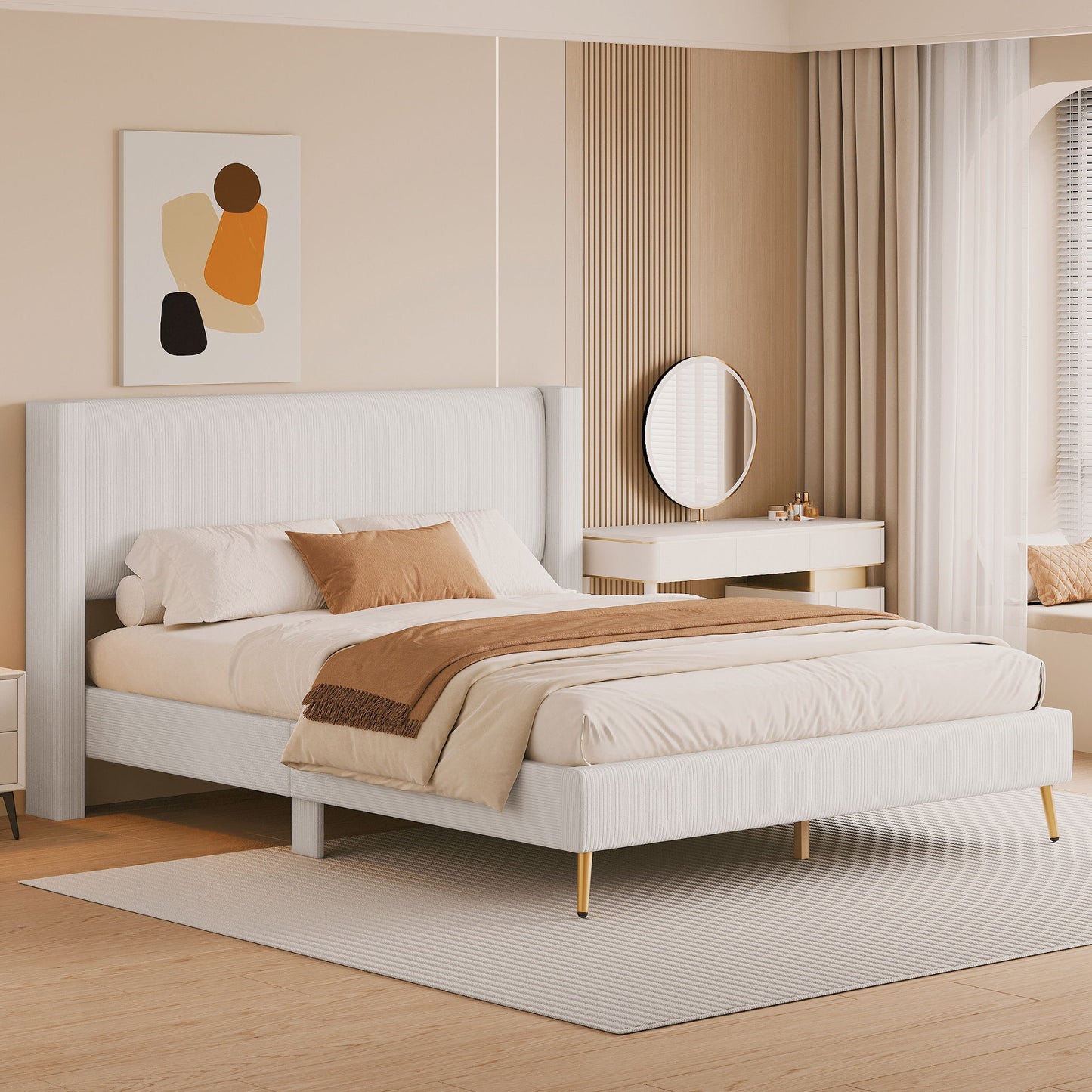 Platform Contemporary Bed With Legs And Upholstered Headboard