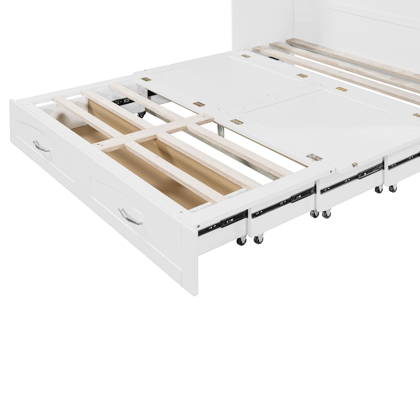 Queen Size Murphy Wall Bed With Drawer And A Set Of Sockets & USB Ports, Pulley Structure Design - White