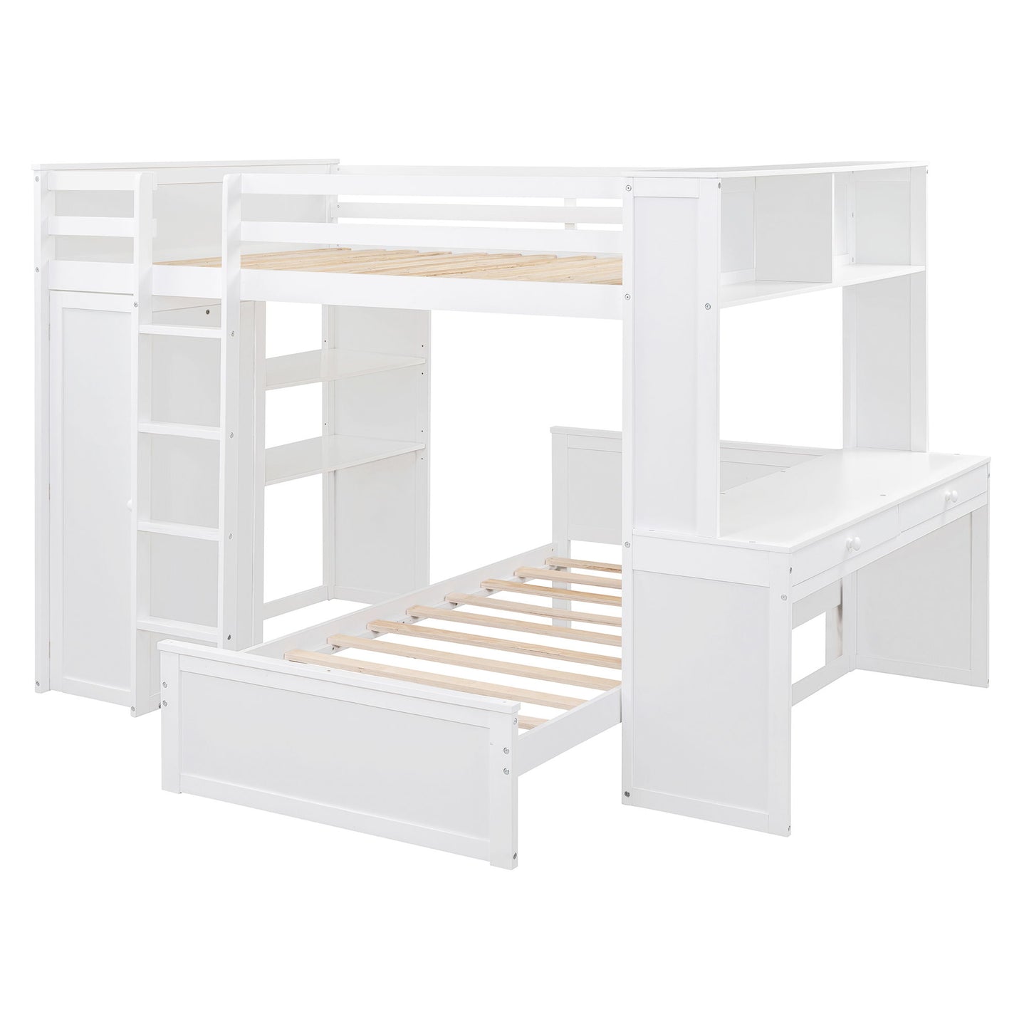 Loft Bed With A Twin Size Standalone Bed, Shelves, Desk, And Wardrobe