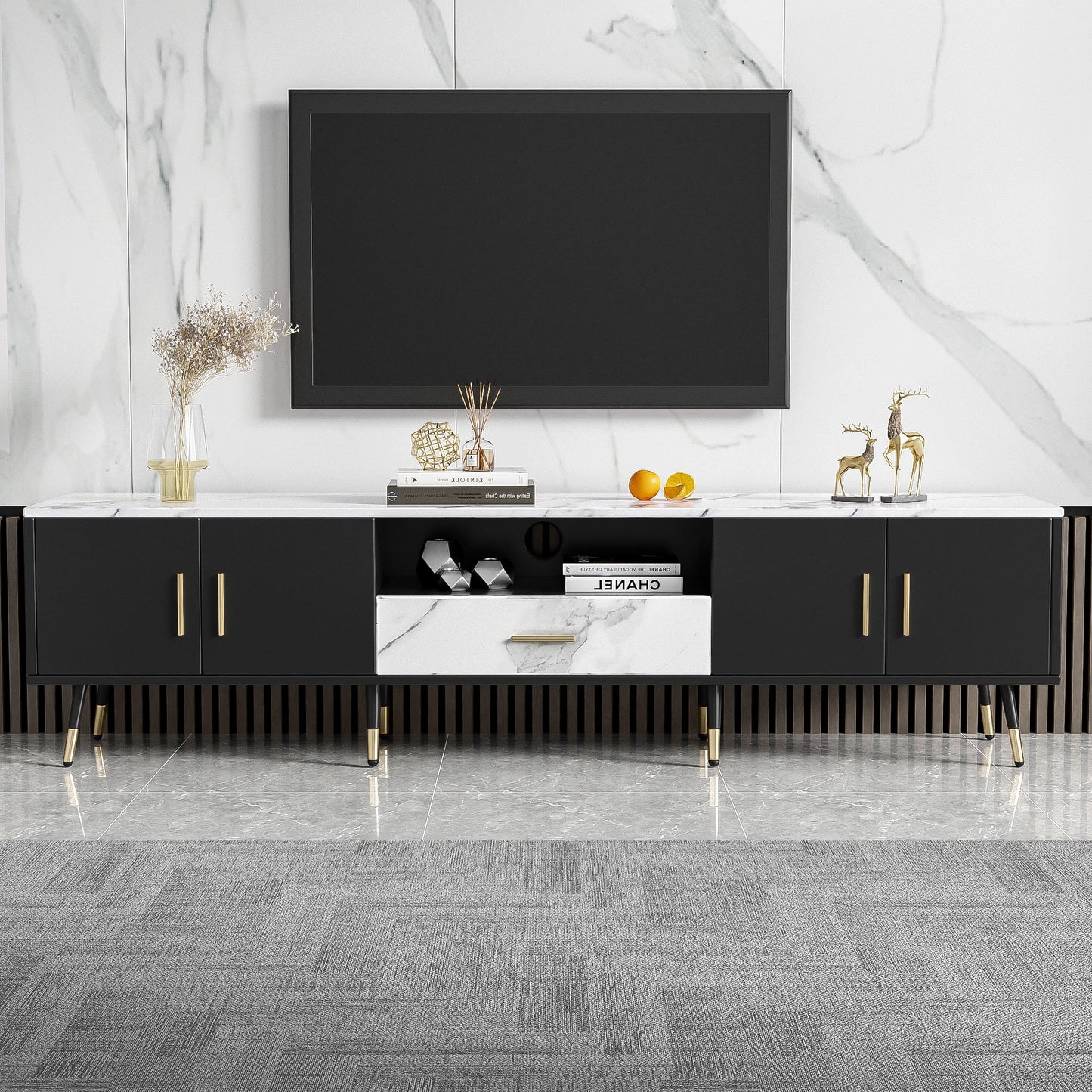 Modern TV Stand With 2 Cabinets & Open Compartments, Entertainment Center For Tvs Up To 80''
