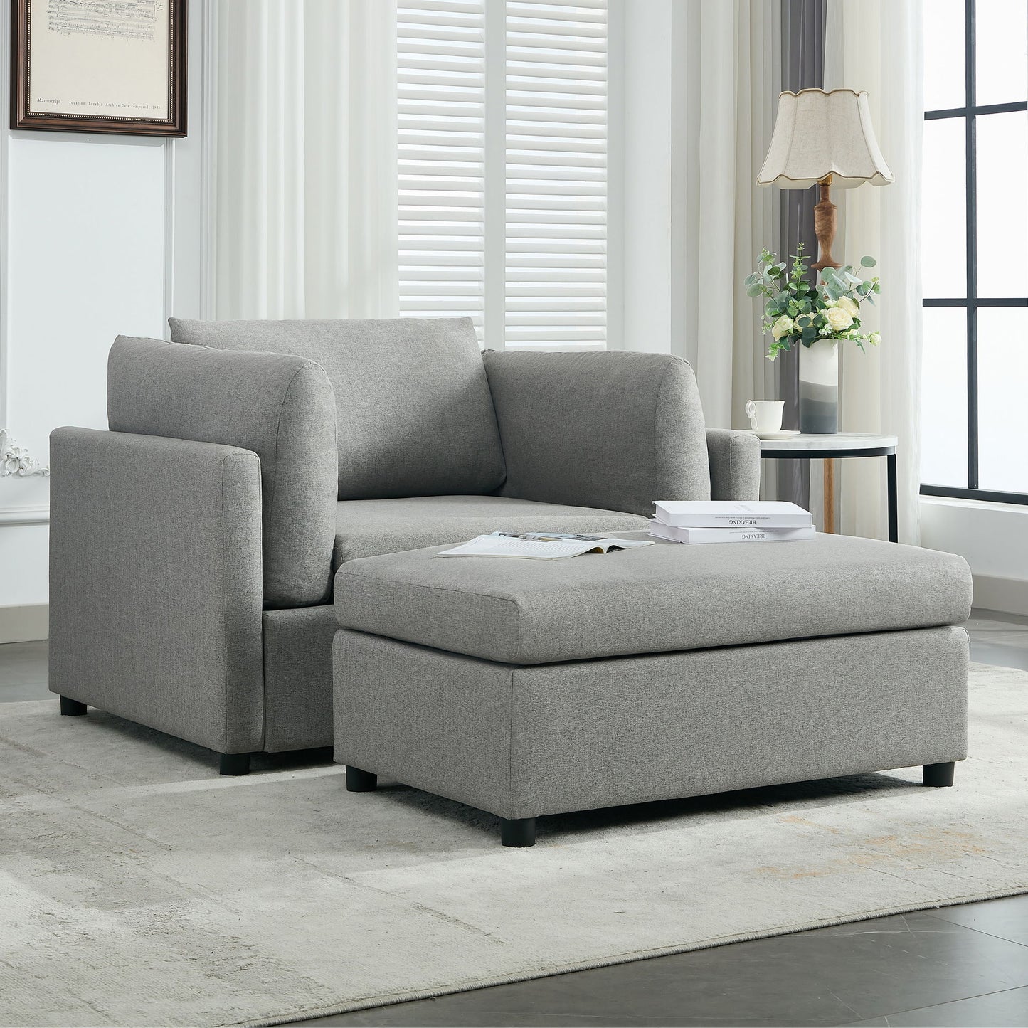Wide Modern Oversized Armchair With Ottoman Stool, Single Sofa With Lumbar Support, Accent Chair