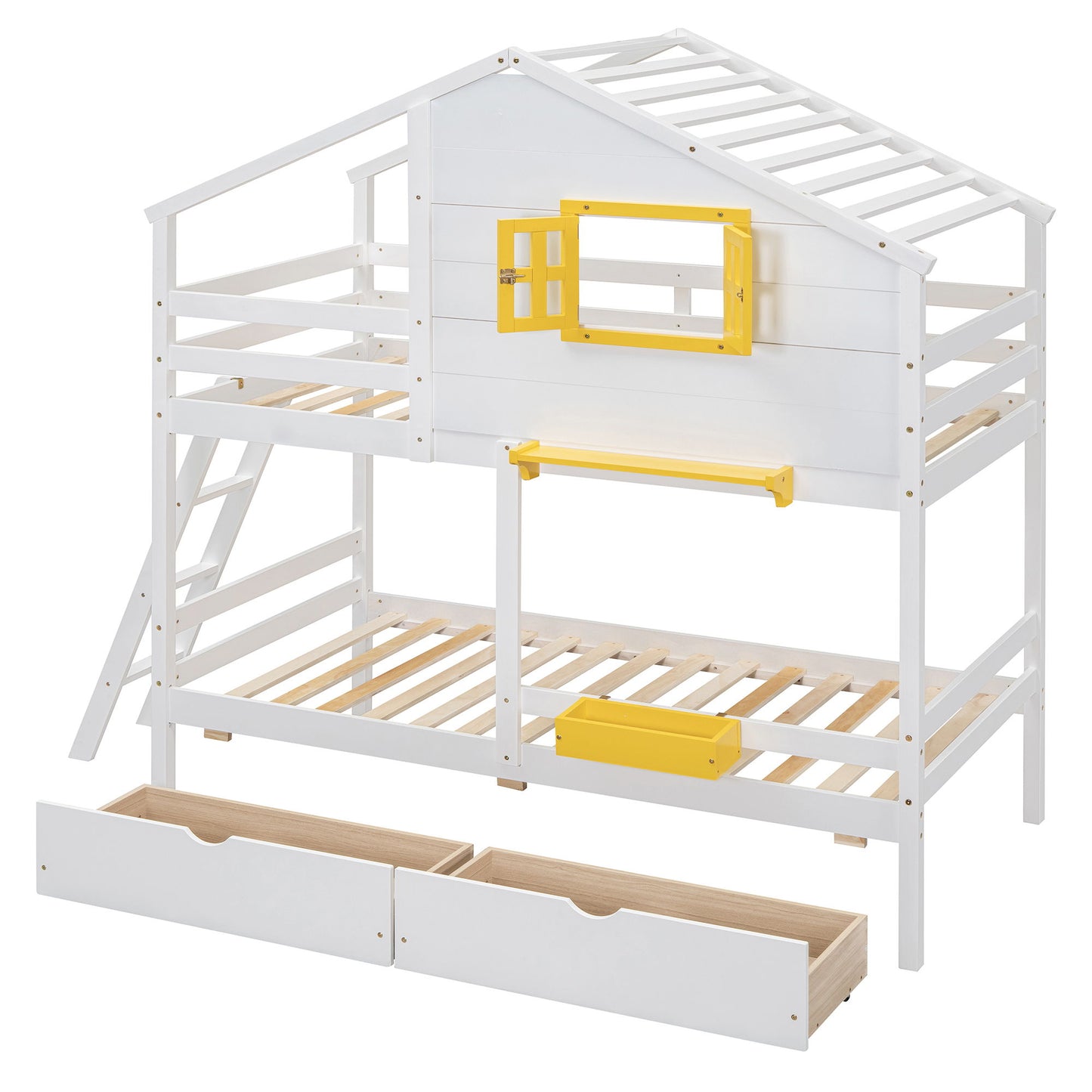 Twin Over Twin Bunk Bed With Playhouse Roof And Window - White