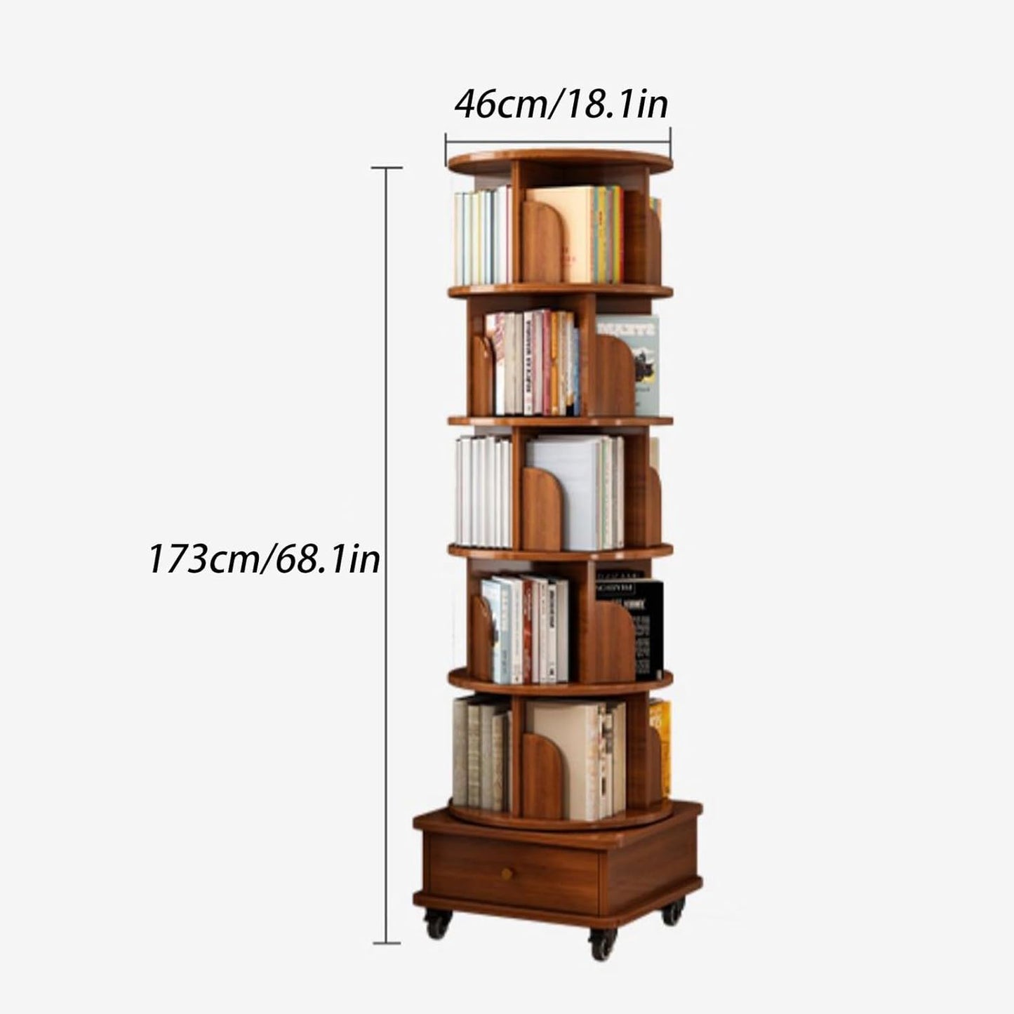 6 Tier Rotating Bookshelf With Wheels, 360° Wood Corner Bookcase Organizer For Small Spaces - Walnut Brown