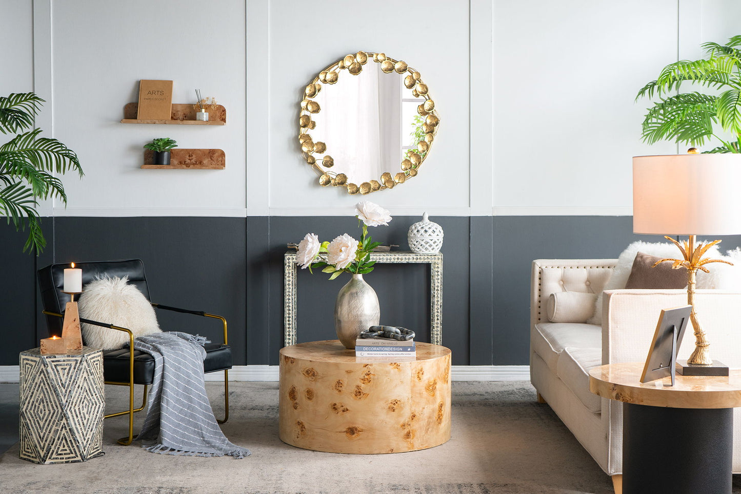 Round Metal Wall Mirror With en Leaf Accents, Modern Decor Mirror For Living Room Entryway Hallway - Gold