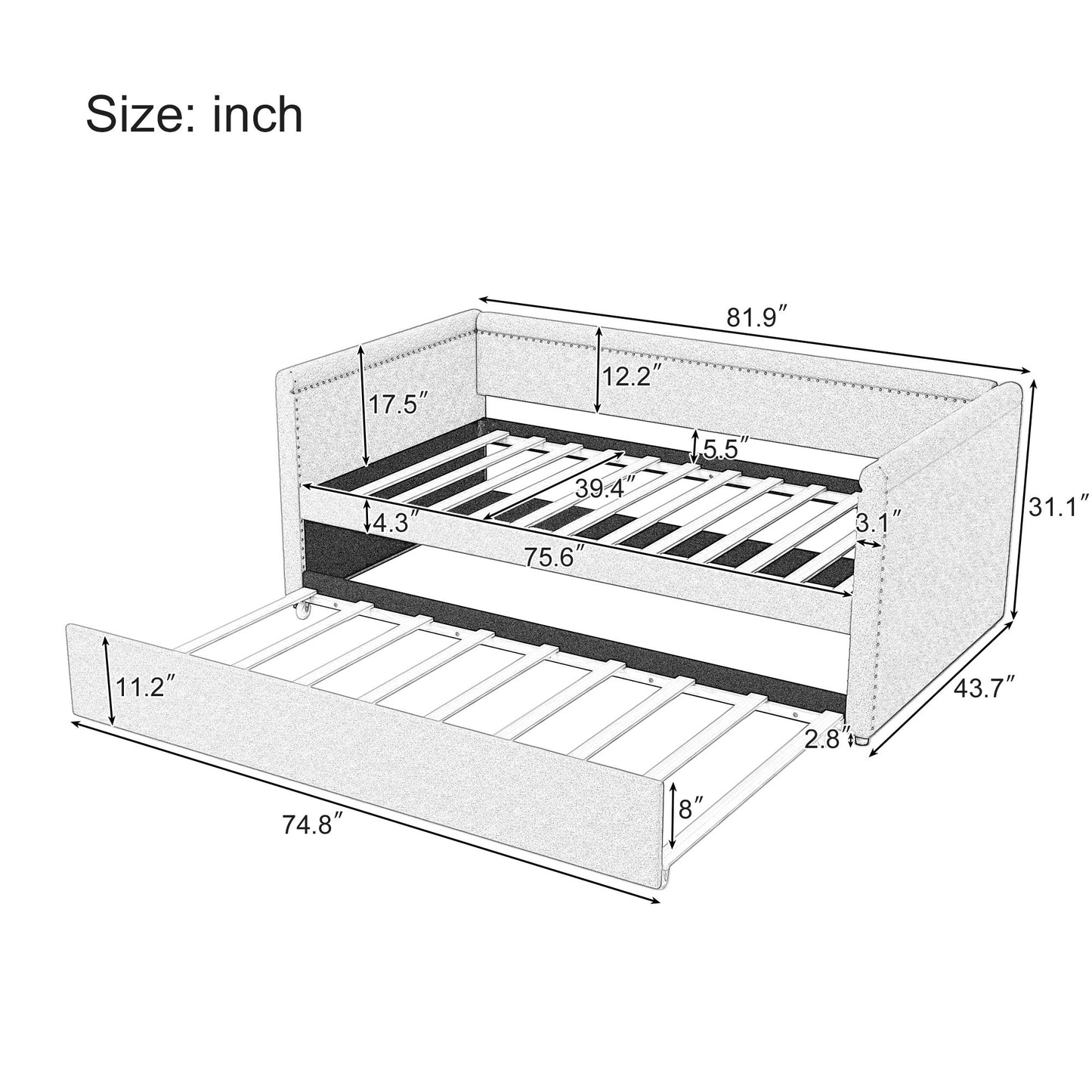 Modern Style Upholstered Daybed With Trundle For Guest Room, Small Bedroom