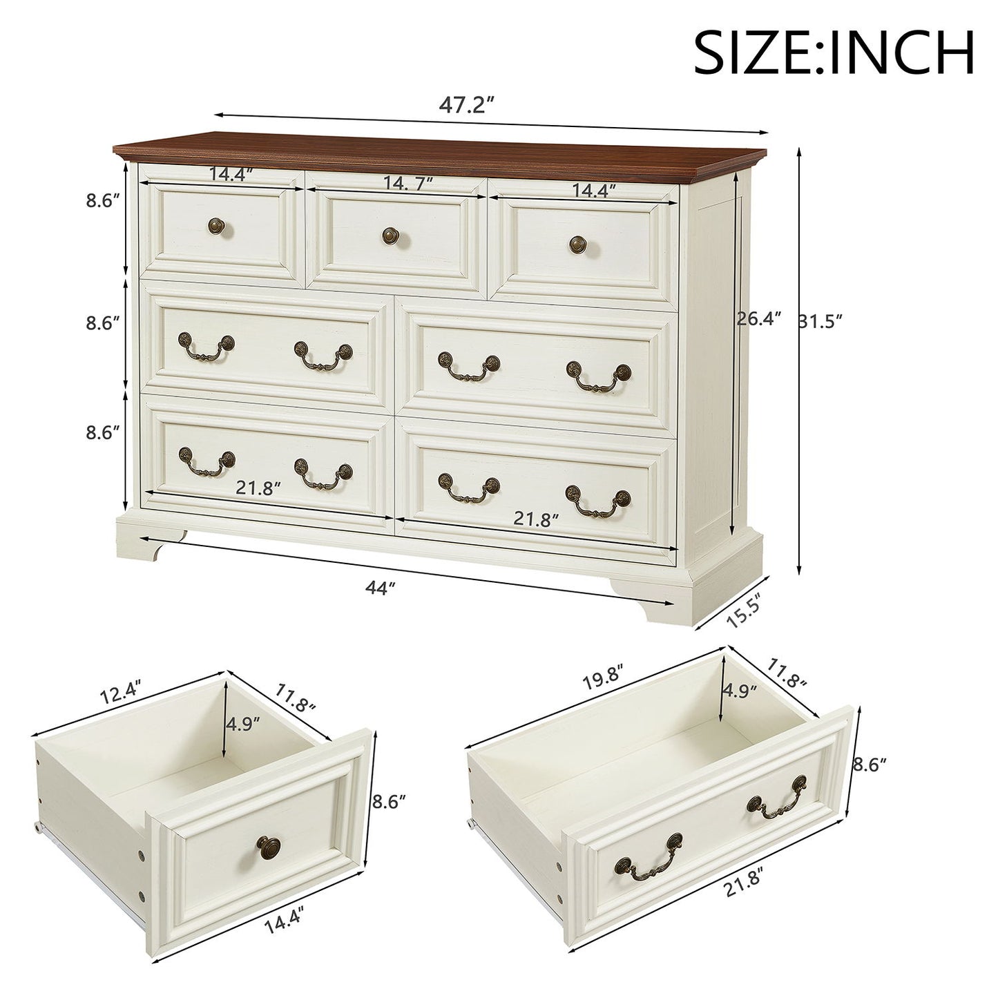 Farmhouse Vintage 7 Drawers Dresser With Natural Texture