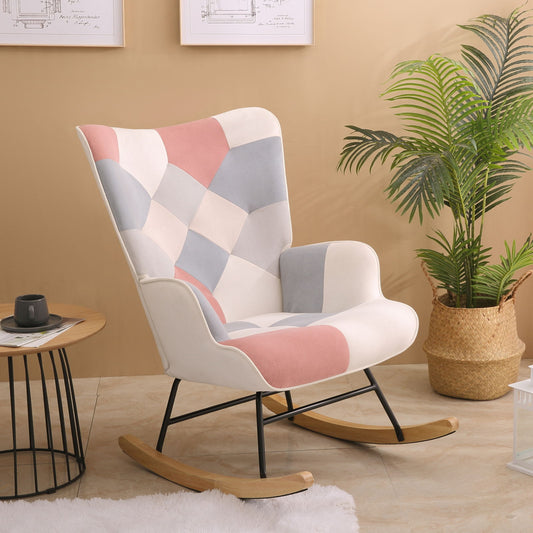 Accent Rocking Chair, Mid-Century Fabric Rocker Chair With Wood Legs And Patchwork Linen For Livingroom Bedroom - Pink