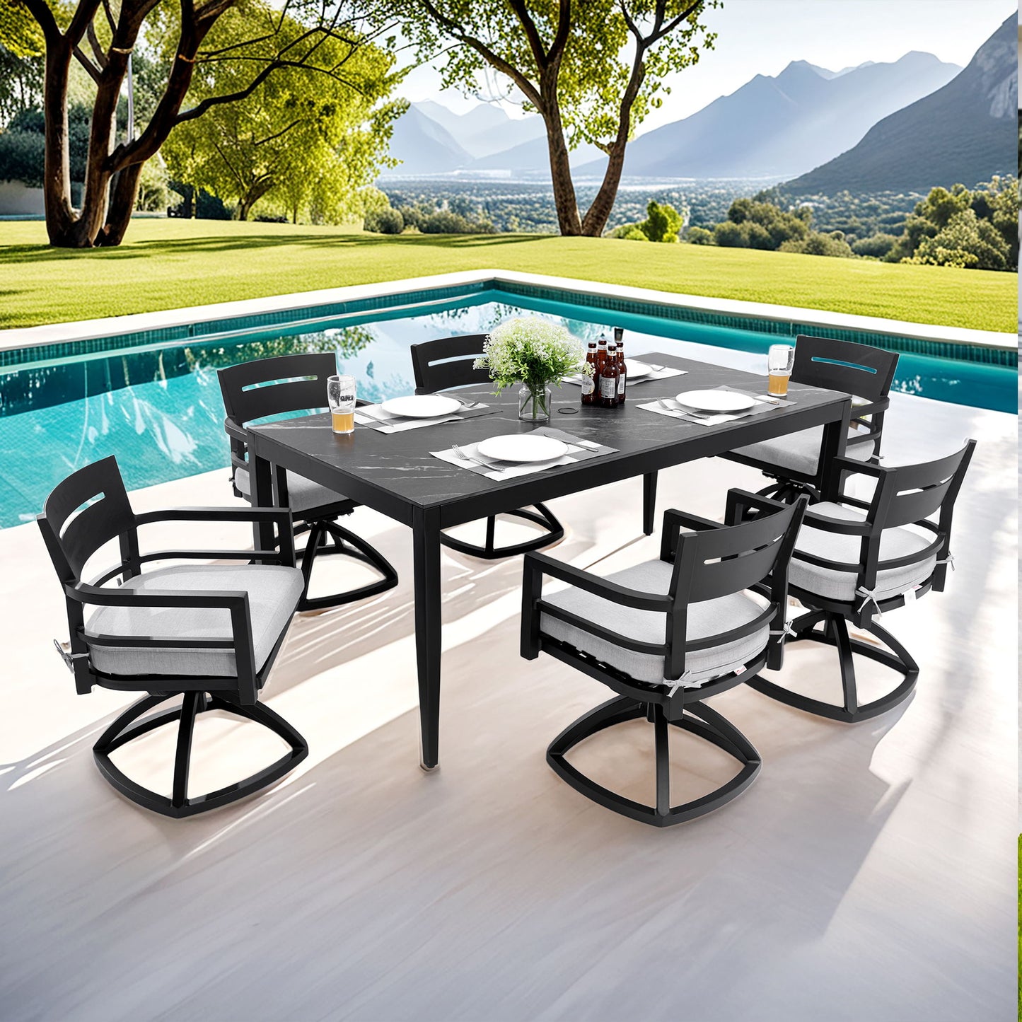 7 Pieces Modern Outdoor Patio Dining Set, Rectangular Dining Table, 6 Swivel Rockers With Sunbrella Cushions - Ember Black