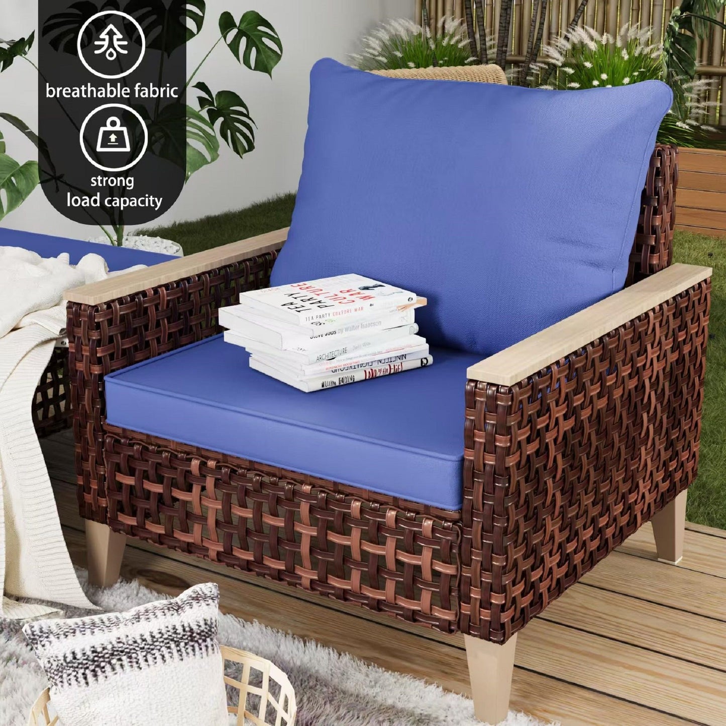 7 Pieces Patio Furniture Set, Wicker Dining Set With Removable Cushions Cotton And Rattan - Blue