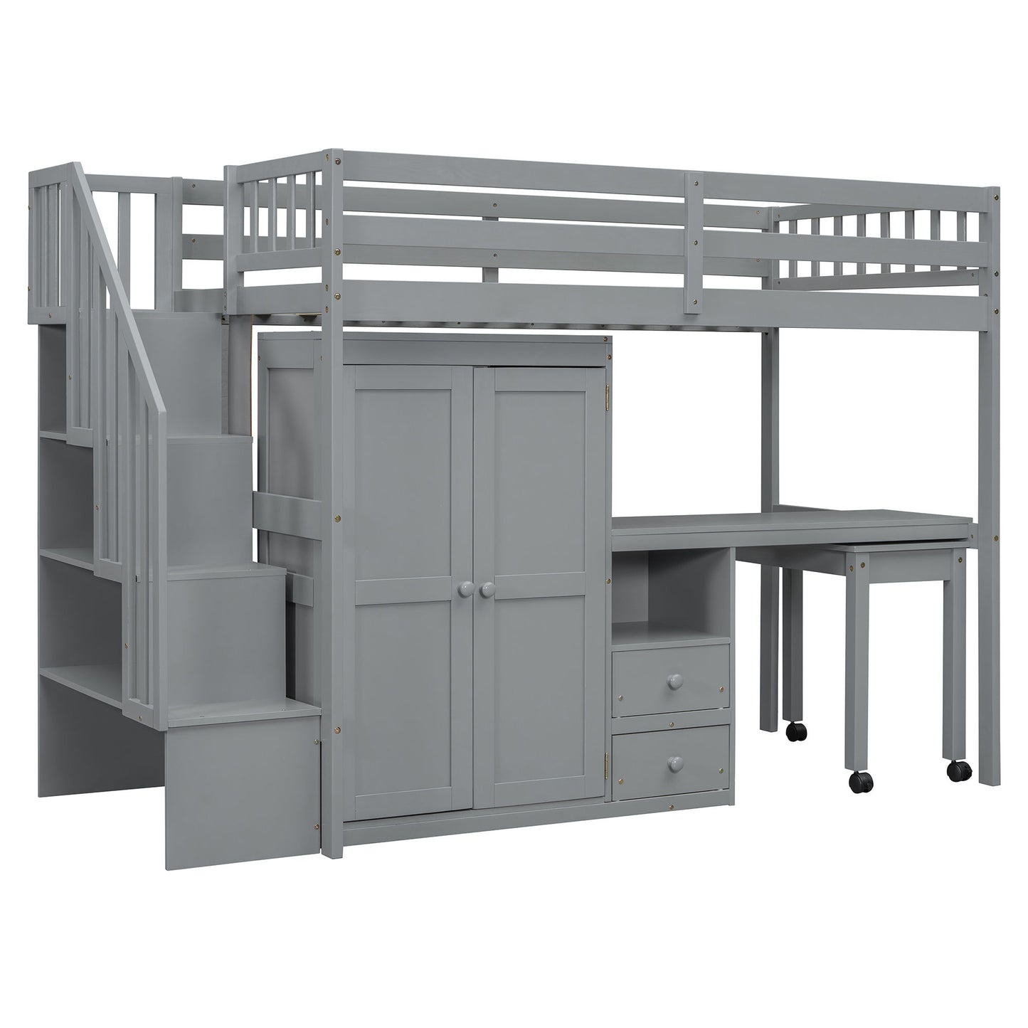 Loft Bed With Stairs, Bookshelf, Drawers, Desk & Wardrobe, Space Saving Multifunctional Furniture
