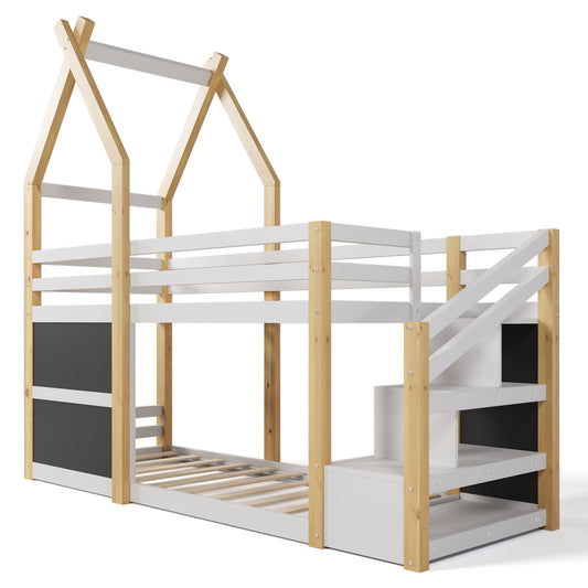 Twin Over Twin House Bunk Bed With White Storage Staircase And 2 Blackboards - White / Natural