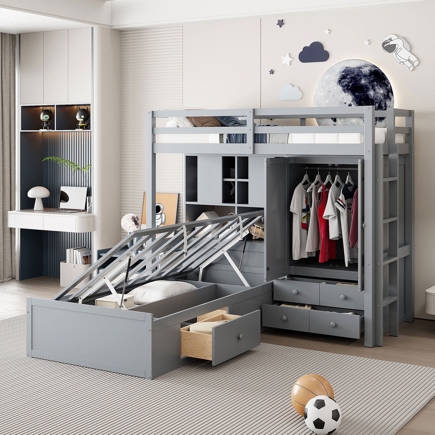 Bunk Bed With Drawers, Wardrobe, Storage Shelves And Hydraulic