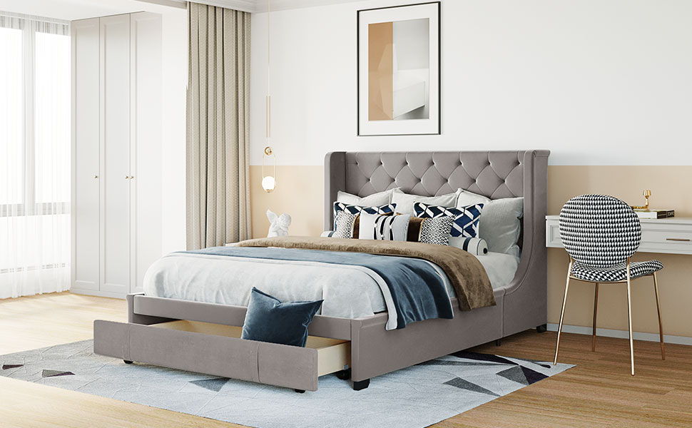 Storage Bed Upholstered Platform Bed With Wingback Headboard And A Big Drawer