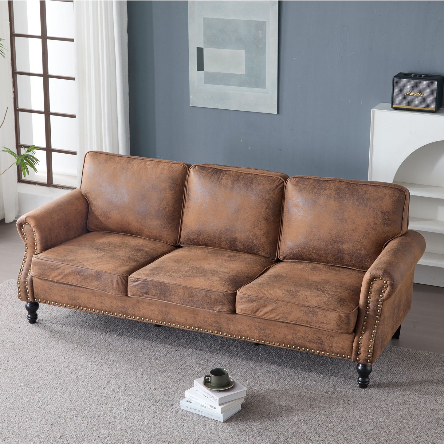 Rolled Arm Sofa With Nailhead Trim With Wooden Legs