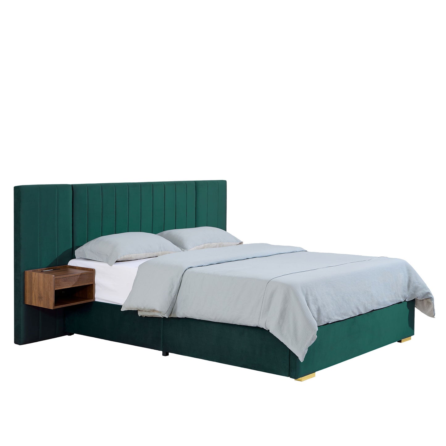 Upholstered Bed Frame Of Velvet Tufted Headboard With Floating Nightstand LED / USB Built