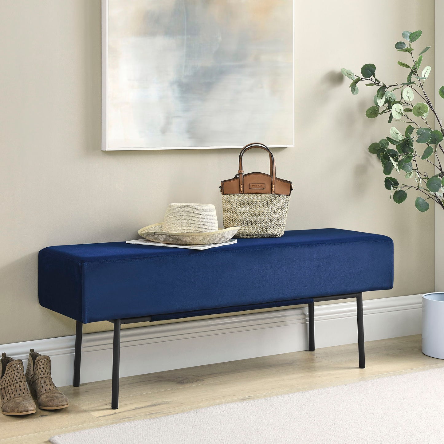 Contemporary Style Bedroom Velvet Upholstered Bench Velvet And Wood - Dark Blue