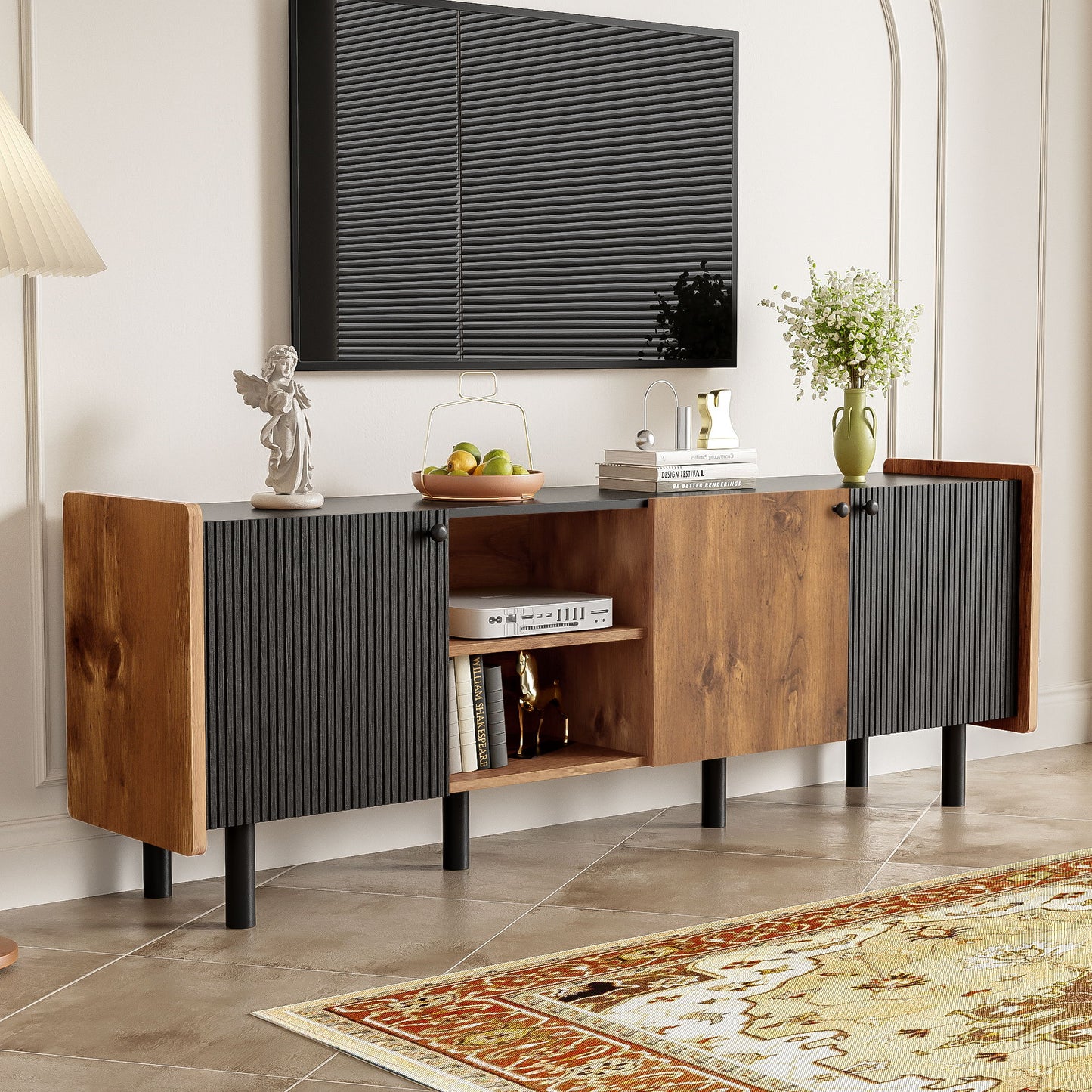 Mid Century TV Stand With 3 Cabinets, Media Console Table For Tvs Up To 70'', Entertainment Center With Storage For Living Room - Black / Brown