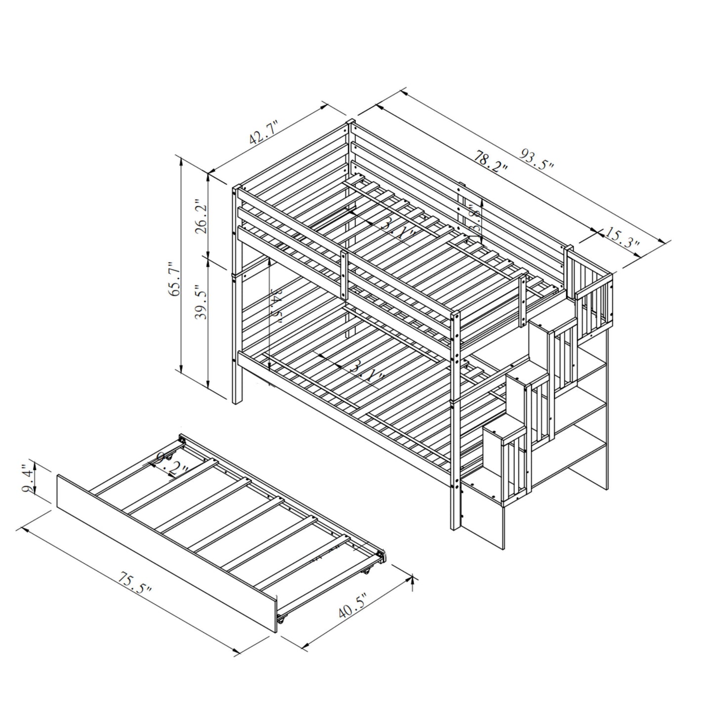 Twin Over Twin Bunk Beds With Twin Trundle And Stairway Storage Function