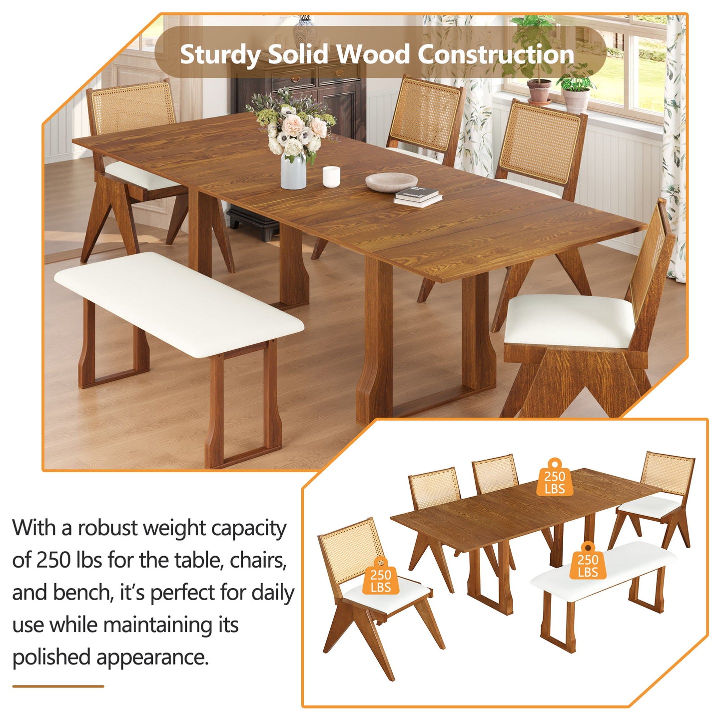6 Piece Extendable Dining Table Set With 4 Wicker Back Upholstered Dining Chairs And Long Bench, 2 Removable Leaf