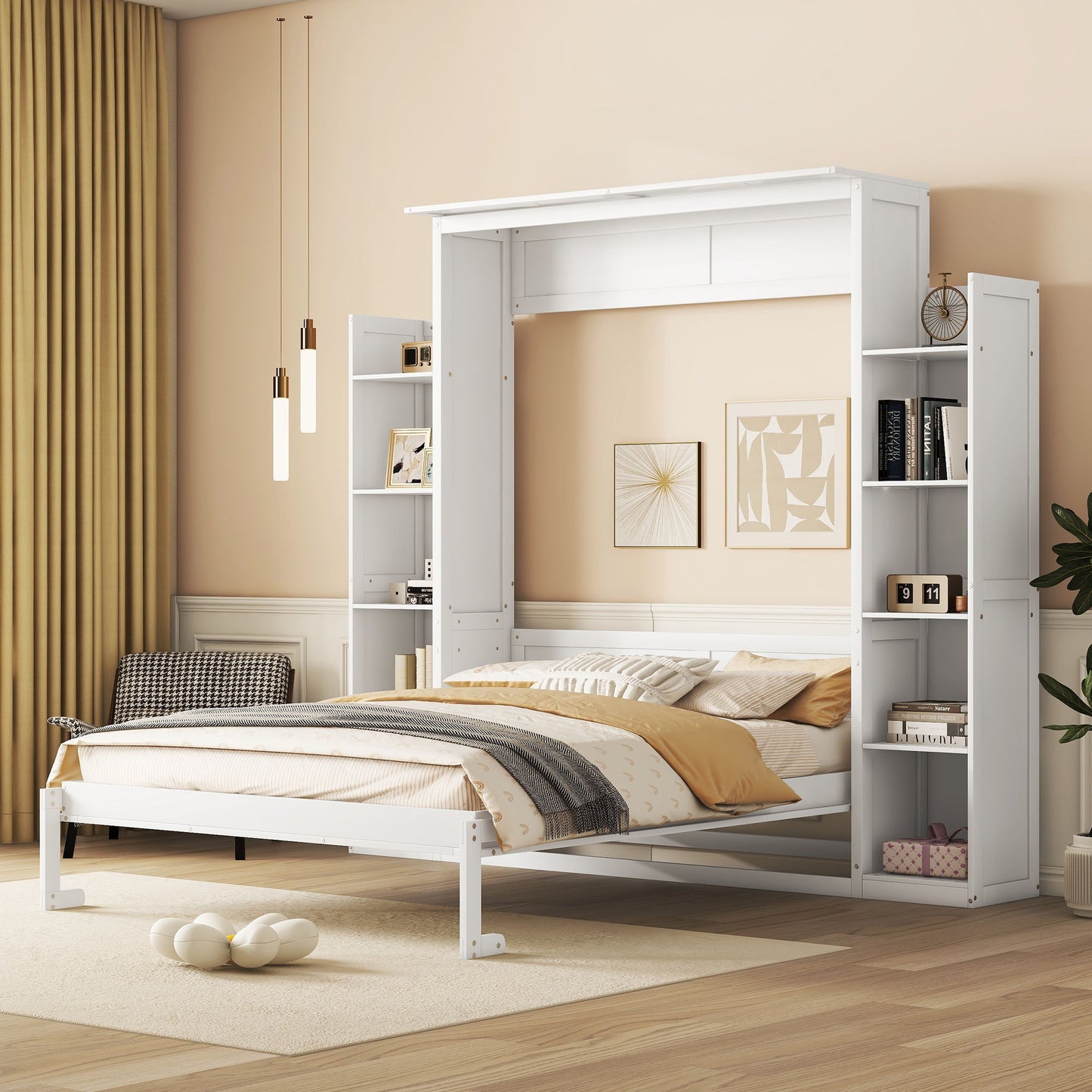 Wall Murphy Bed With Shelves And LED Lights
