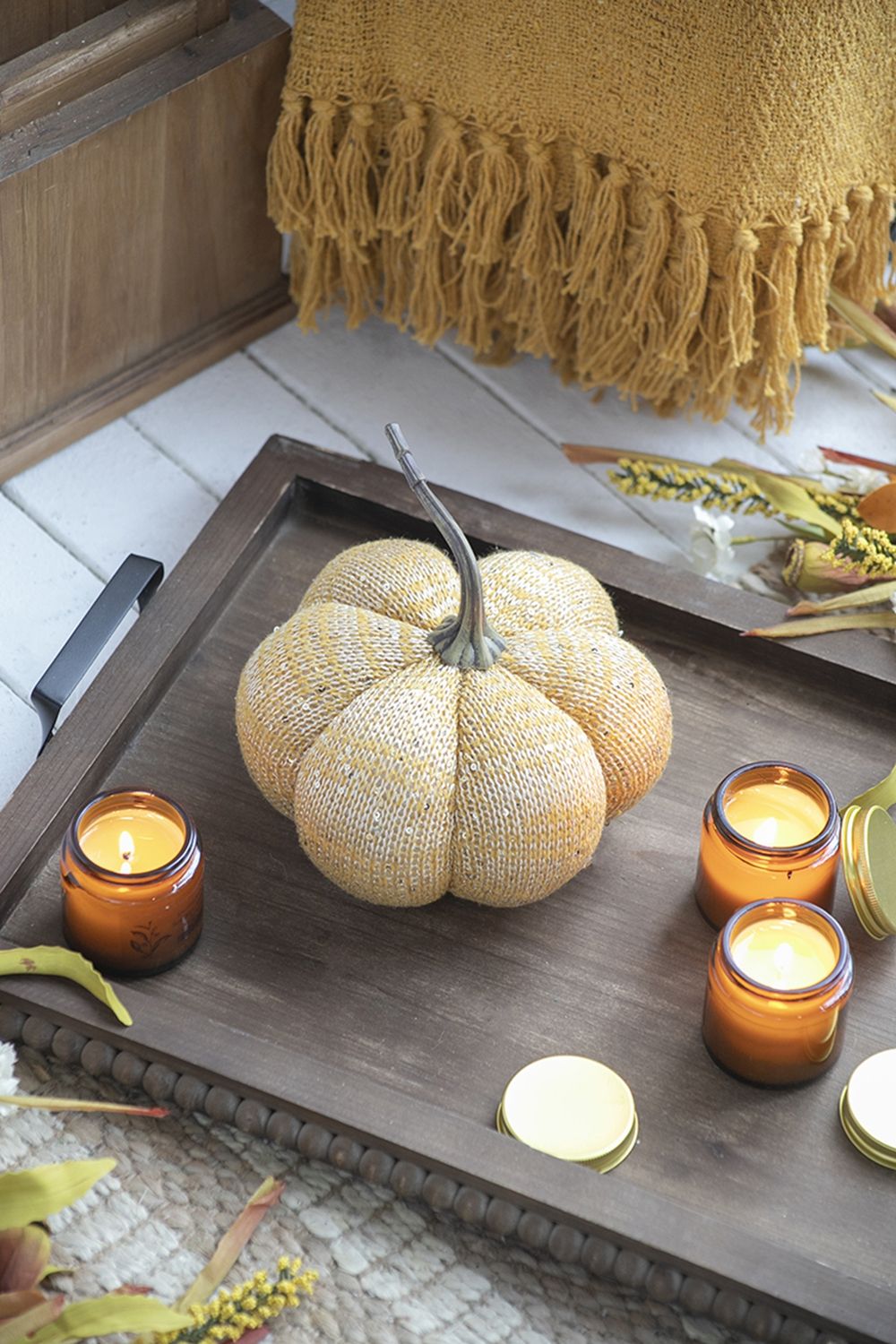 Knitted Weighted Pumpkin Ornament Decor For Holiday Harvest Festival Fall Festival & Thanksgiving (Set of 2) - Yellow