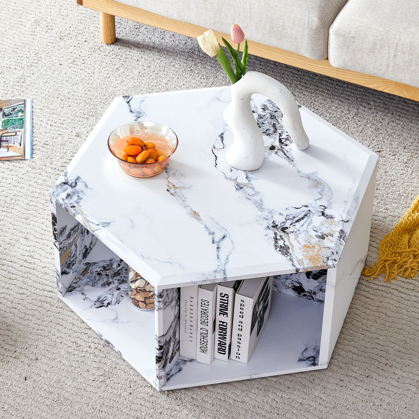 Hexagonal Coffee Table With Characteristic Pattern Stickers And Multi-Hole Design For Extra Storage
