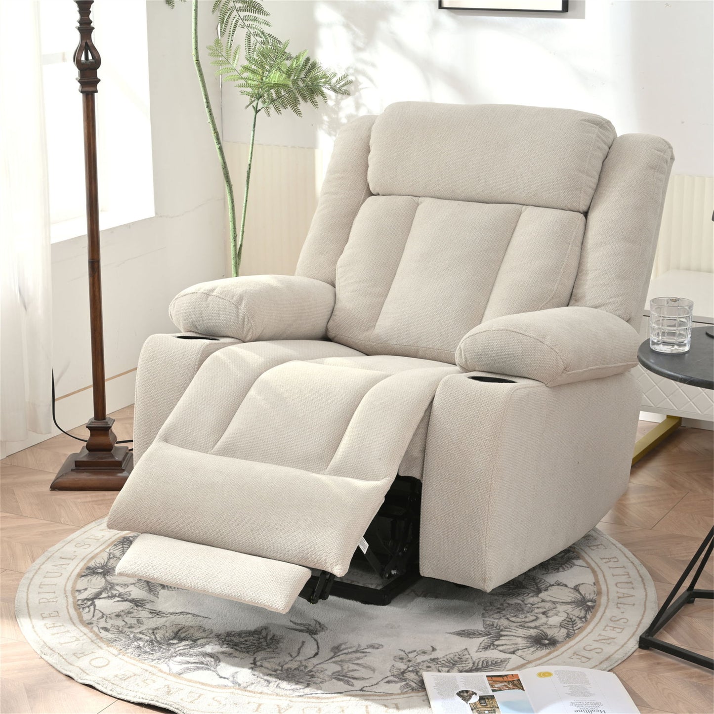 Power Lift Recliner Chair With Extended Footrest, Remote Control, Cup Holders, And Side Pockets