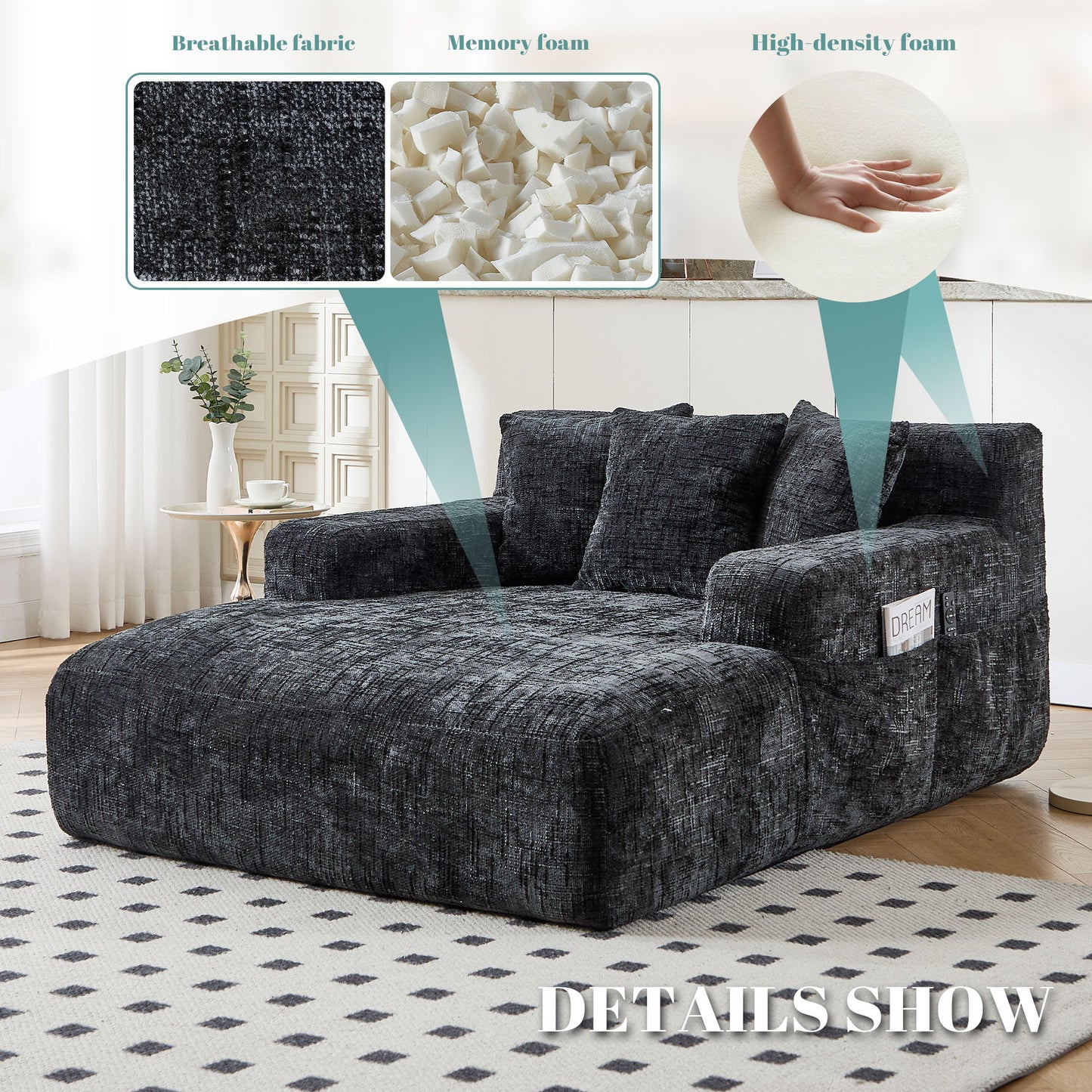 Interior Lazy Sofa Chaise Longue Armchair With 3 Pillows And Armrests