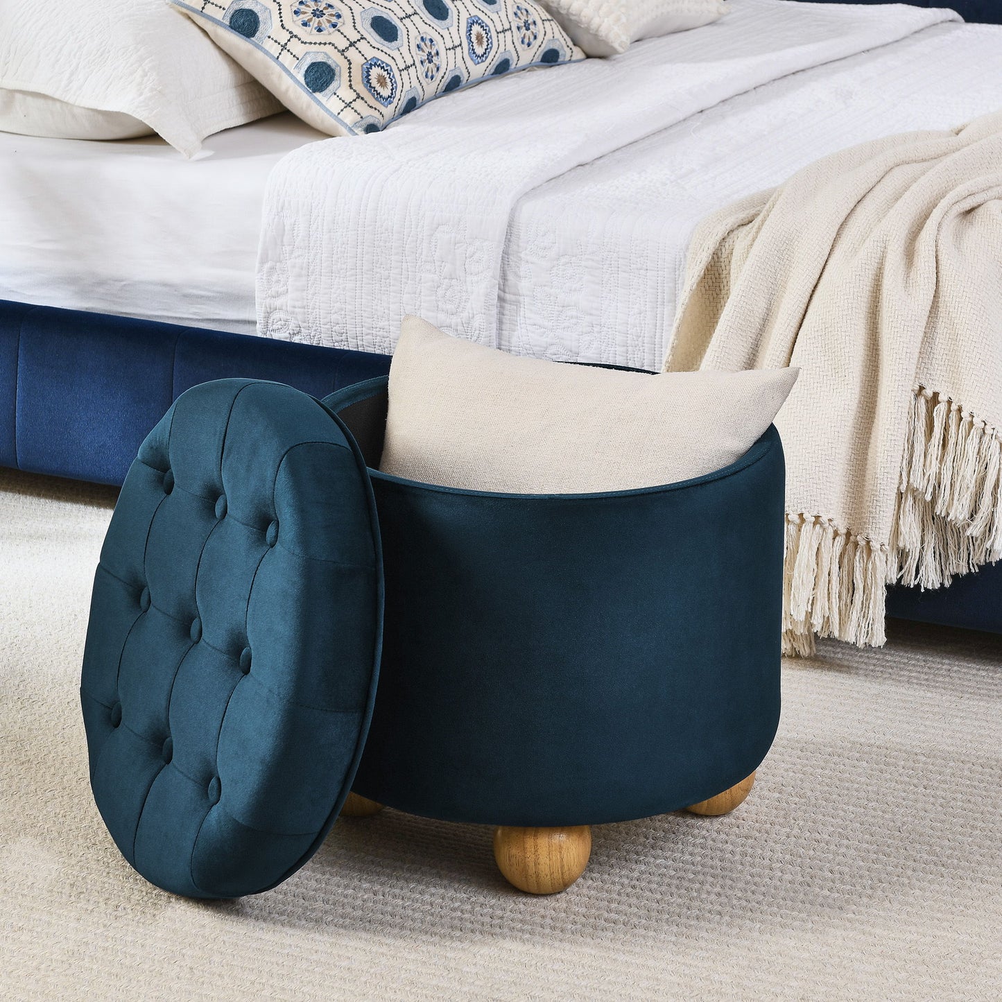 Modern Round Storage Ottoman With Table Top Lid And Storage Space