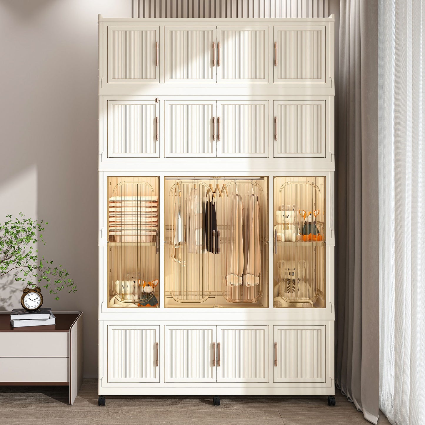 Portable Wardrobe Closet Storage Organizer With Magnetic Doors, Polypropylene - Cream White