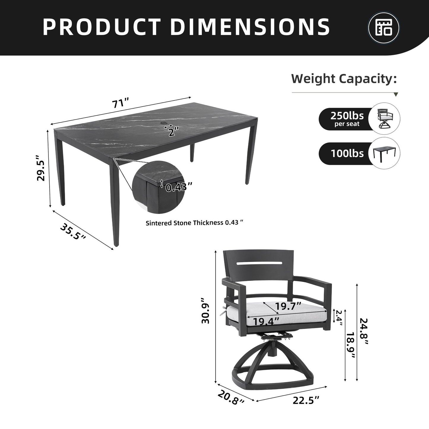 7 Pieces Modern Outdoor Patio Dining Set, Rectangular Dining Table, 6 Swivel Rockers With Sunbrella Cushions - Ember Black