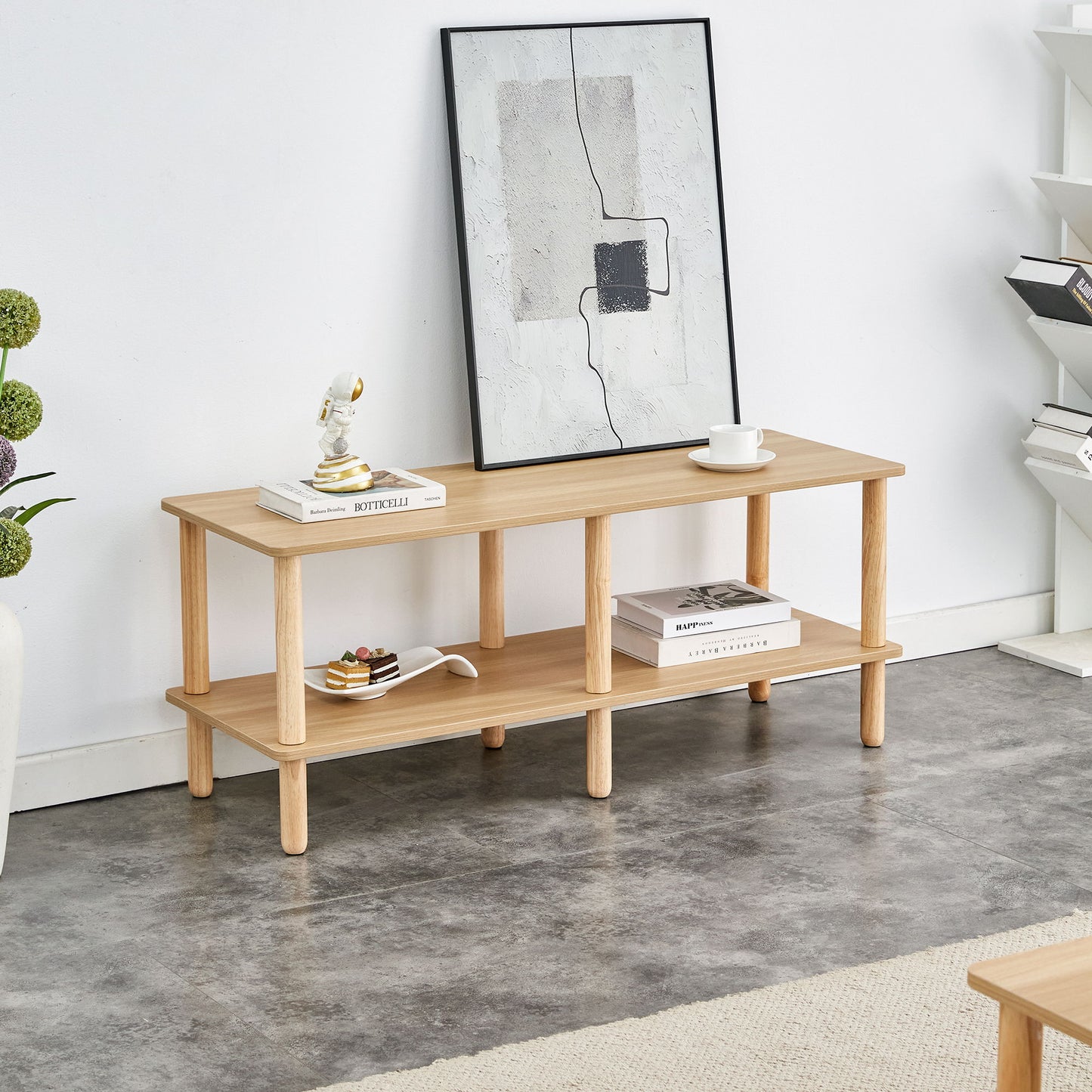 Modern Double Deck TV Cabinet With Open Storage Shelf, Rounded Legs