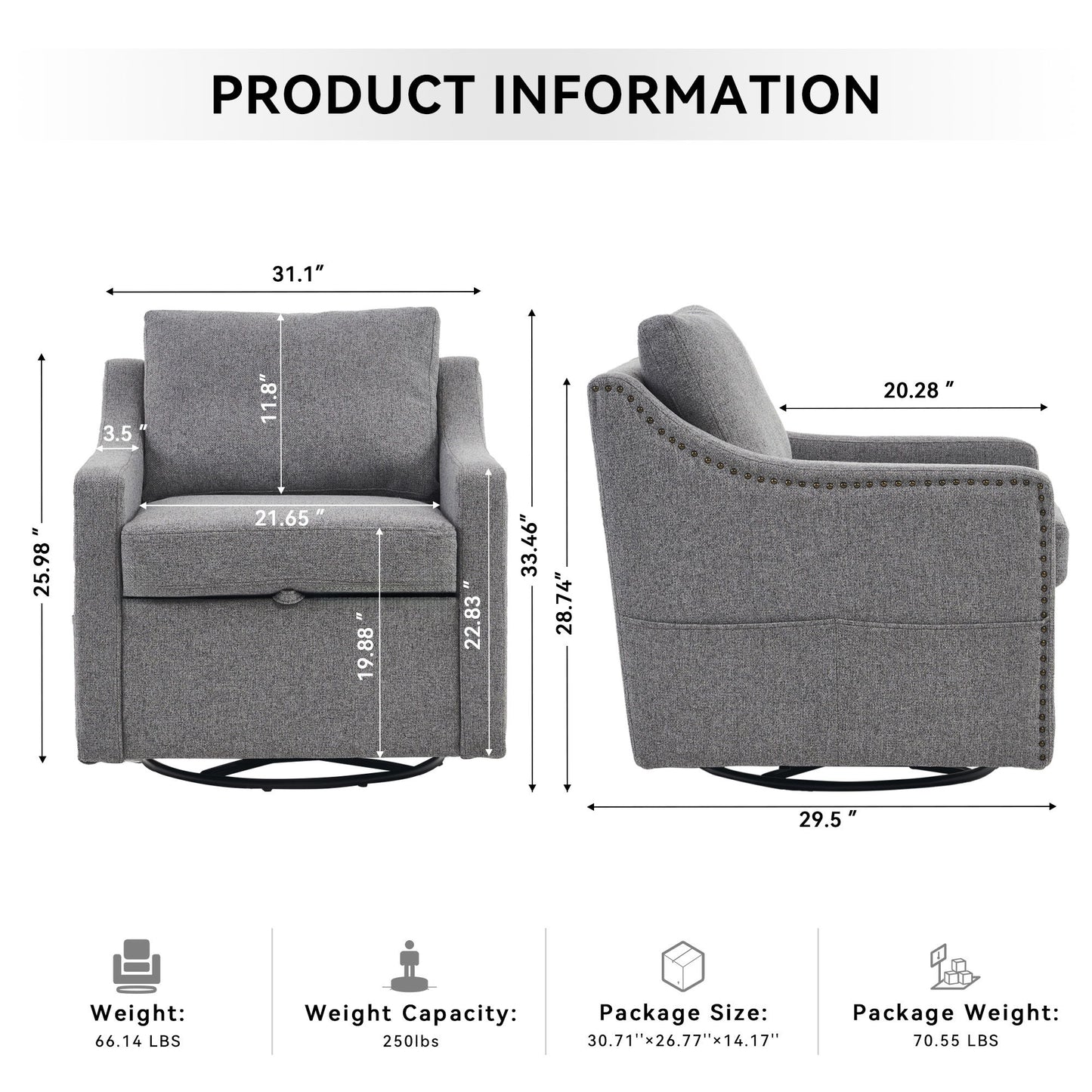 Fabric 360° Swivel Accent Chair With Upholstered Back Pillow And Rivet Armrest