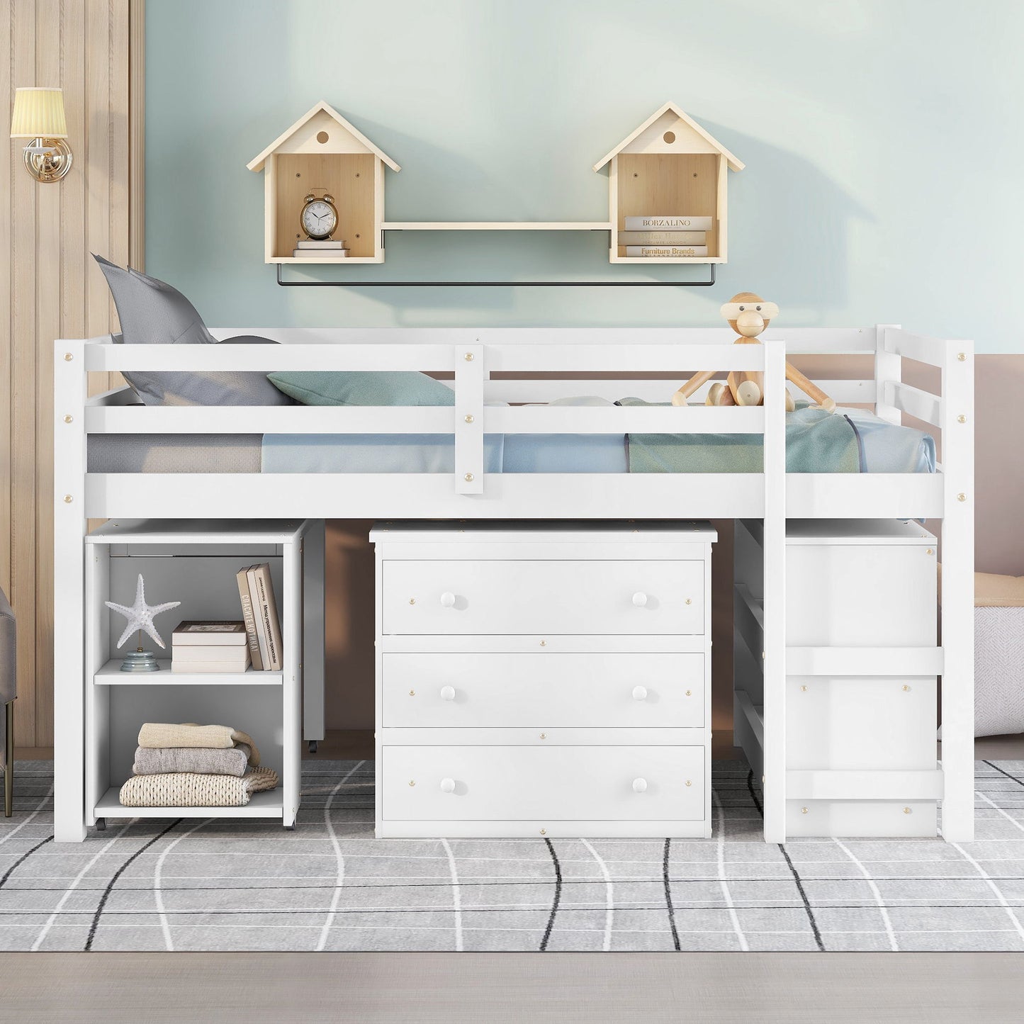 Loft Low Study Bed With Cabinet, Shelves And Rolling Portable Desk, Multiple Functions
